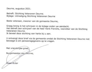 Brief aan alle veteranen gemeente Deurne van 29 augustus 2021